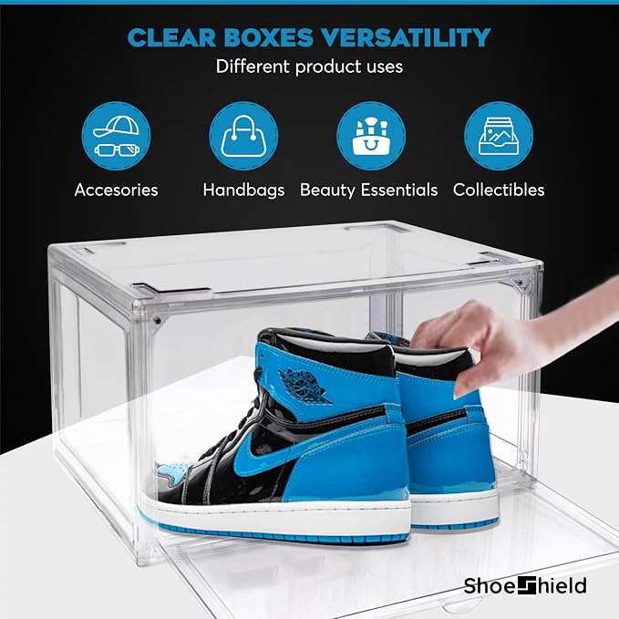 Ultra All Clear Shoe Boxes Plastic Stackable Professional Grade Shoe Display Case with Magnetic Side Drop Door Open Easy Assembly Modern Shoe Sneaker Display Case Fits US Size 14