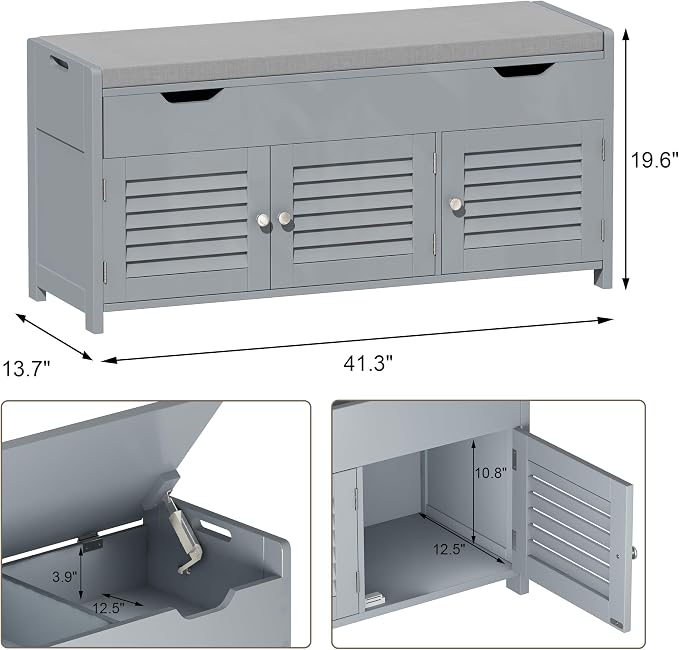 ChooChoo Shoe Storage Bench with Lift Top Storage & Cushioned Seats | 41.3" Entryway Bench with 3 Compartments & Adjustable Shelf, for Entryway, Grey