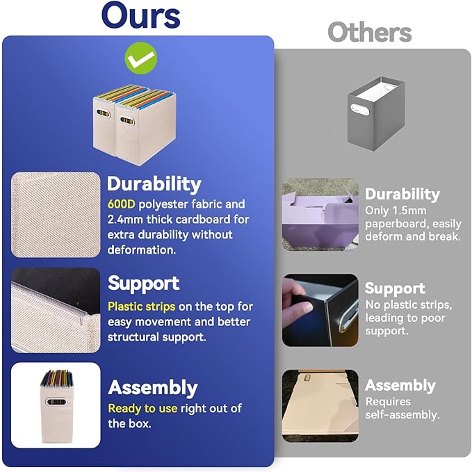 2 Pack Letter Size File Storage Box Collapsible, Fabric Hanging File Folders Organizer, Portable Office Document Holder with Metal Handle, Smooth PVC Rails, Beige