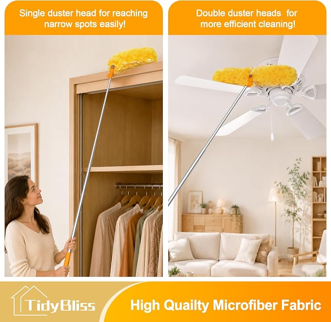 TidyBliss 6 ft Extendable Dusters for Cleaning Compatible with Swiffer, Super Long Handle Dusting Wand Kit with 10 Refills, 360 Degree Heavy Duty Microfibers Dust Removing Tool for Ceiling (Orange)