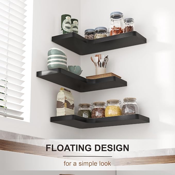 fuqing Corner Floating Shelves for Storage, Set of 3, Solid Wood, Wall Mount Wooden Display Shelf for Bathroom Bedroom Kitchen Garage, Black