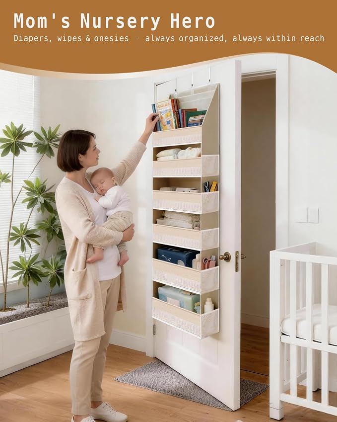 KMSCO Over The Door Organizer, 6 Large Pockets + 13 Mesh Side Pockets, Hanging Storage, 55lbs Capacity, Heavy Duty Non-Woven Fabric for Baby Nursery, Bathroom, Pantry, Closet, Beige, 2 Pack