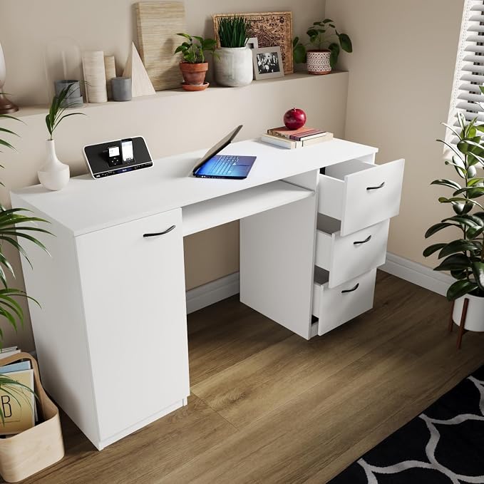 Modern Computer Desk with 3 Drawers & Storage Cabinet – Small Office Desk with Slide-Out Keyboard Tray – Professional Home Office Desk & Small Work Desk for Writing (Modern White)