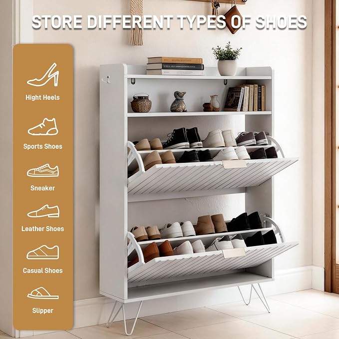 Karl home White Slim Shoe Storage Cabinet, Entryway Shoe Organizer | Space-Saving Freestanding Shoe Rack Organizer, Versatile Storage Furniture Suitable for Entryway and Living Room