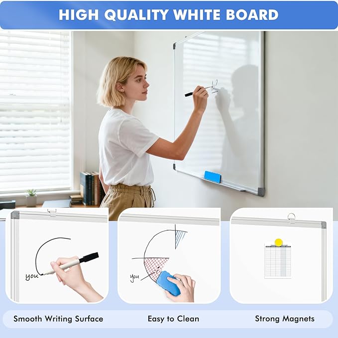 WALGLASS Double-Sided White Board, 24" x 18" Dry Erase Board Magnetic Whiteboard for Wall, Hanging Mounted Whiteboard Silver Aluminium Frame for Home, School, Office, Kitchen
