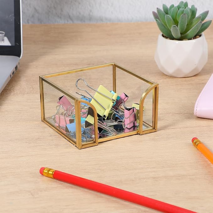 2-Pack Golden Glass Sticky Note Holder for Desk, Stick Note Holder Dispenser Organizer with Non-Slip Pads, 3.54x3.54x1.96 Inch Clear Memo Pad Holders for Office Supplies & Home Decor