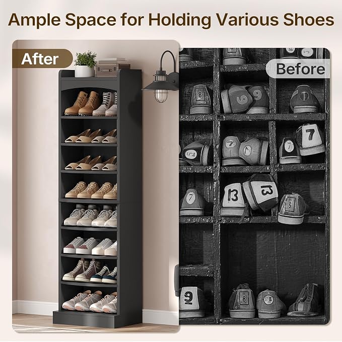 YATINEY 9-Tier Tall Shoe Rack, Wooden Shoe Storage Organizer, Narrow Shoe Cabinet with Removable Shelves for Small Spaces, Holds 18 Pairs of Shoes, for Entrance, Hallway, Black SS22BK