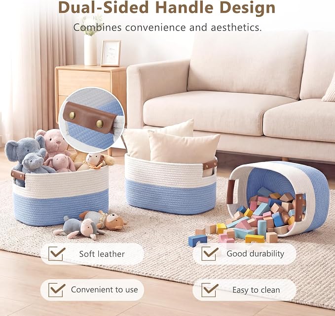 ECDYQXVU 15x10x9 Woven Cotton Rope Storage Basket, Leather Handles 1 Pack | Foldable Design, Sturdy PU Handles, Easy to Clean Organizer for Living Room, Closet, Shelves, Bedroom, Laundry, Clothes