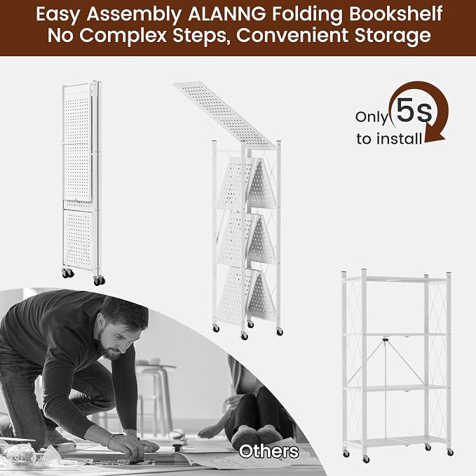 ALANNG 4 Tier Folding Storage Shelf on Wheels,Heavy Duty Metal Rolling Cart | 264 lbs Capacity, No Tools Assembly, Folds to 3.9", Lockable Casters, Portable for Kitchen Laundry Garage (White, 1 Pack)