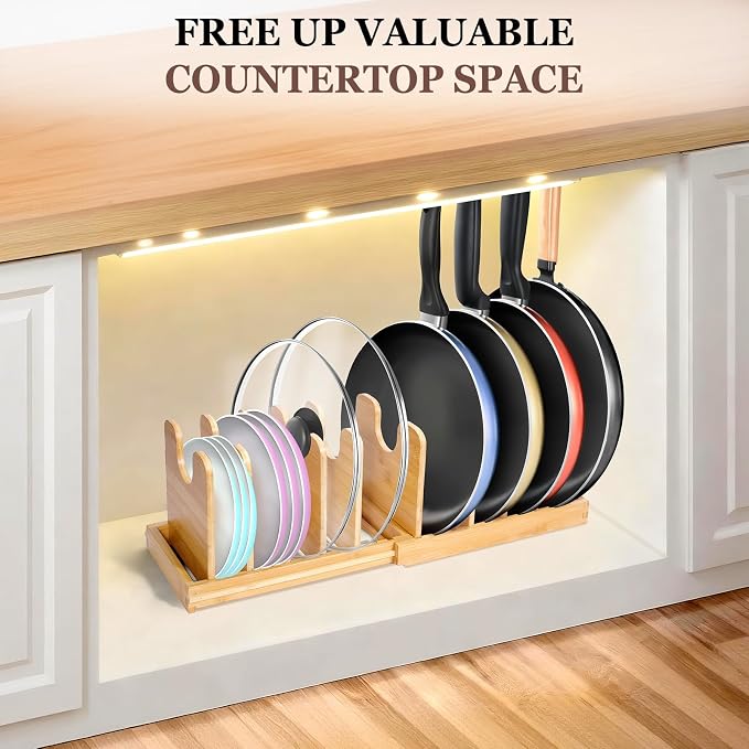 Bamboo Expandable Pot Lid Organizer, Pots and Pans Holder Rack for Cabinet | 10pcs Removable Dividers, Customized Storage, Space-saving, FSC-certified Bamboo, No Assembly
