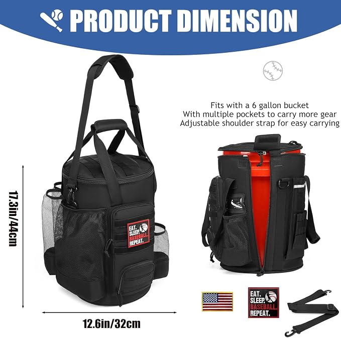 Baseball Bucket Bag 6 Gallon Multi Pockets Softball Coaching Equipment Bag | tactical Baseball Bucket Cover Organizer with padded Seat for Balls, Bat, Gloves, Scoreboards
