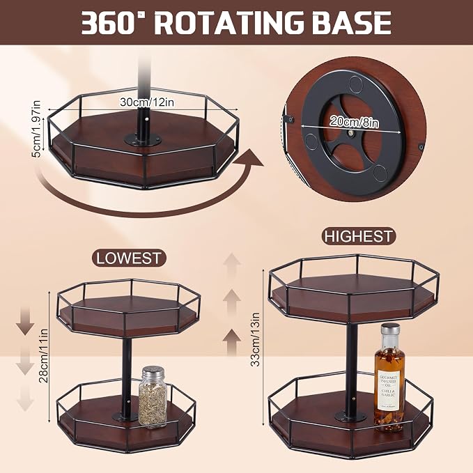 Sliner 12" Lazy Susan Organizer 2 Tier Adjustable Octagonal Spice Turntable Organizer Wooden Industrial Turntable Rotating Spice Rack for Cabinet Kitchen Countertop Pantry Bathroom