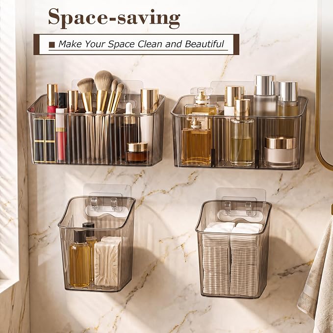 7 Pack Cabinet Door Organizer Adhesive Wall Mount Storage Bins Makeup Containers Stackable Organizer Basket for Kitchen Cabinets, Bathroom, Pantry, Office, Refrigerator (Frosted Gray)