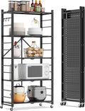 Fenbeli Foldable Shelves with Wheels - 5 Tier Folding Shelf, Collapsible No Assembly Metal Shelving Unit, Origami Storage Shelves & Rolling Storage Rack with 8 Hooks for Kitchen Pantry Garage