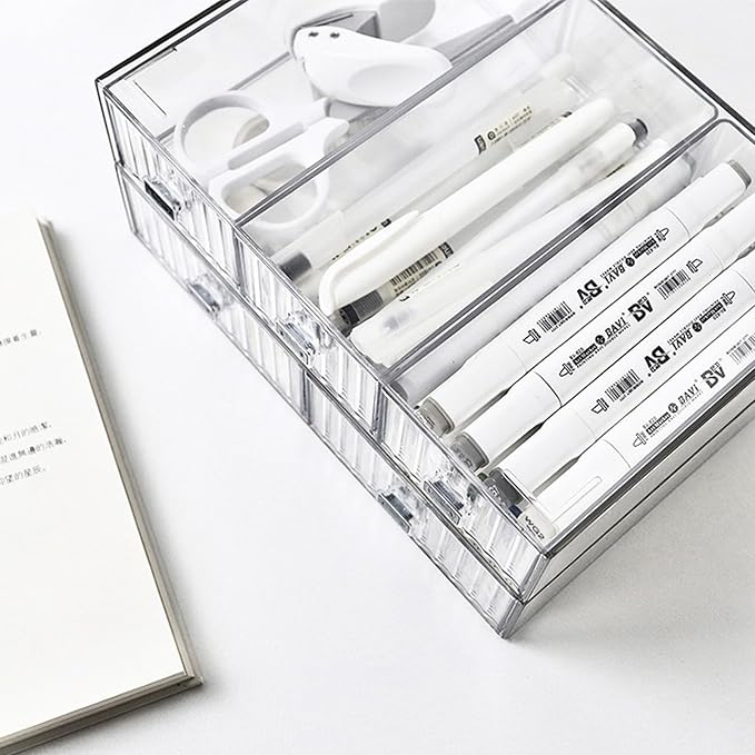 Desk Drawer Organizer, Stackable Office Supplies Desk Organizer, Plastic Plastic Storage Drawer, Desk Grocery Organizer For Stationery/Office Supplies (Clear, 3 Compartment)