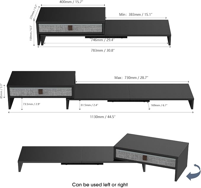 Fenge Triple Monitor Stand with Srorage Drawer, Adjustable Length and Angle | Computer Monitor Riser for 2 or 3 Monitors, Wooden Desktop Laptop Stand, Office Organizer for PC, Screen, Tablet, Black