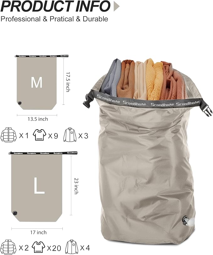 Compression Travel Laundry Bag for Dirty Clothes, Pump-Free Laundry Bag for Suitcase & Dorm, Waterproof Wet Dry Clothes Organizer, Large Capacity Space Saving Travel Bag (1 Pcs)(Gray, M)