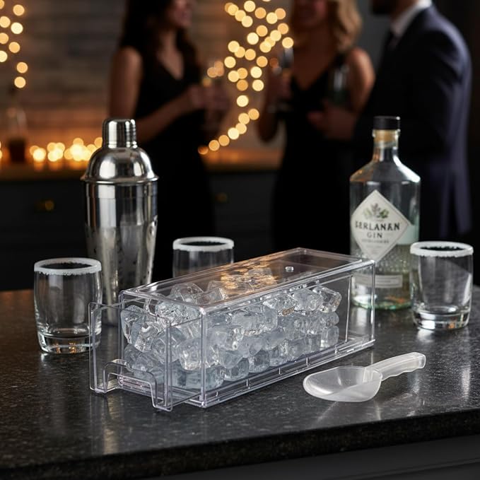 Havawish 1 Set Ice Container for Freezer with Scoop, Ice Storage Bin with Lid, Pull out Freezer Bin Organizer for Refrigerator, Clear Stackable Holder, Medium 12.6 x 4.7 x 4.3 Inch