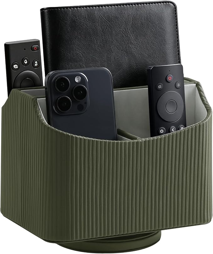 360° Rotating Remote Control Holder, Desk Organizer for Nightstand | PU Leather 5 Compartments Remote Caddy, Spinnig Remote Organizer for Office Bedside Table Coffee Table, Swivel Remote Holder