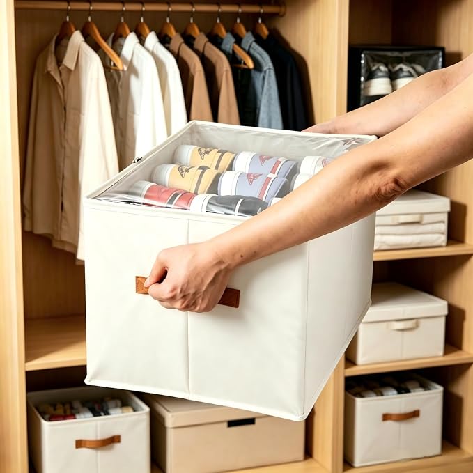 Shoe Organizer for Closet, 2 Pack Shoe Organizer with Clear Cover, Closet Shoe Storage Containers w/Adjustable Dividers, Foldable Storage Bins for Shoes, Fits 16-32 Pairs, Beige