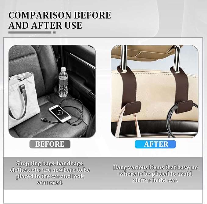 Osilly 2PCS Car Seat Headrest Hook, Leather Stylish Vehicle Backseat Hanger Organizer for Purse Handbag Umbrella, Automotive Seat Back Hanging Storage Holder Hook, Universal for Vehicles (Brown)
