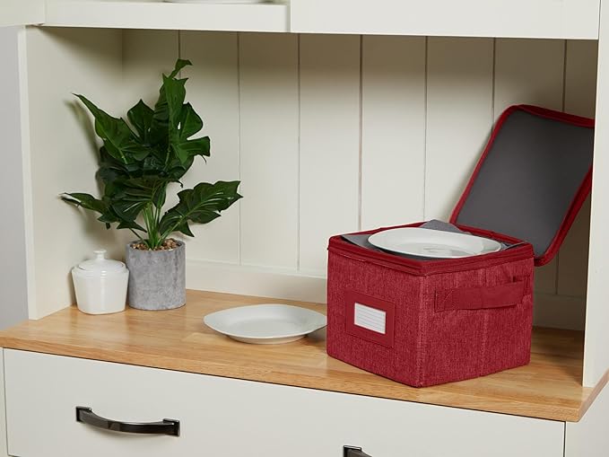 Covermates Dish Storage Box Set – China & Dinner Plate Storage Containers with Felt Dividers, Dual Zippers, Reinforced Handles, ID Window & Stackable Design, Red Heather