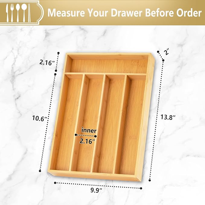 Silverware Organizer, 2 Pack 10 Inch Utensil Organizer Kitchen Drawer Organizer Bamboo Silverware Holder Cutlery Tray Organizer in Drawer Flatware Organizer Tray(5 slots, Natural）