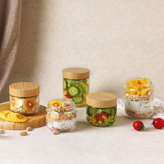6pcs Glass Overnight Oats Containers with Lids, 10oz Storage Containers | Glass Storage for Dry Food, Jars with Bamboo Lids for Yogurt & Salad, Portable for Picnic & Lunch