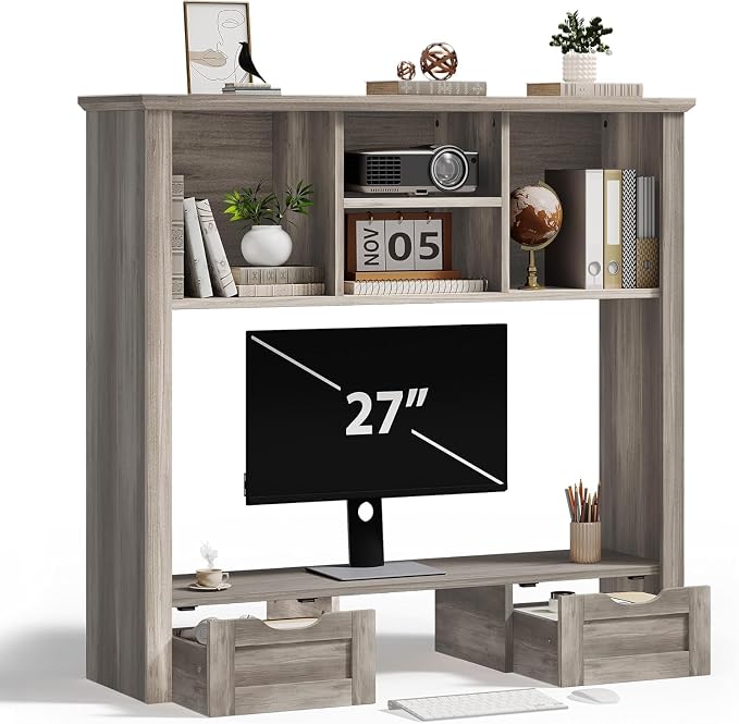 Desk Shelf with Computer Monitor Stand, 37.4''W Desktop Bookshelf Display Rack, Desktop Organizer Storage Rack with Cubbies & Drawers, 5-Tier Hutch for Home, Office, Dorm, Vanity, Grey