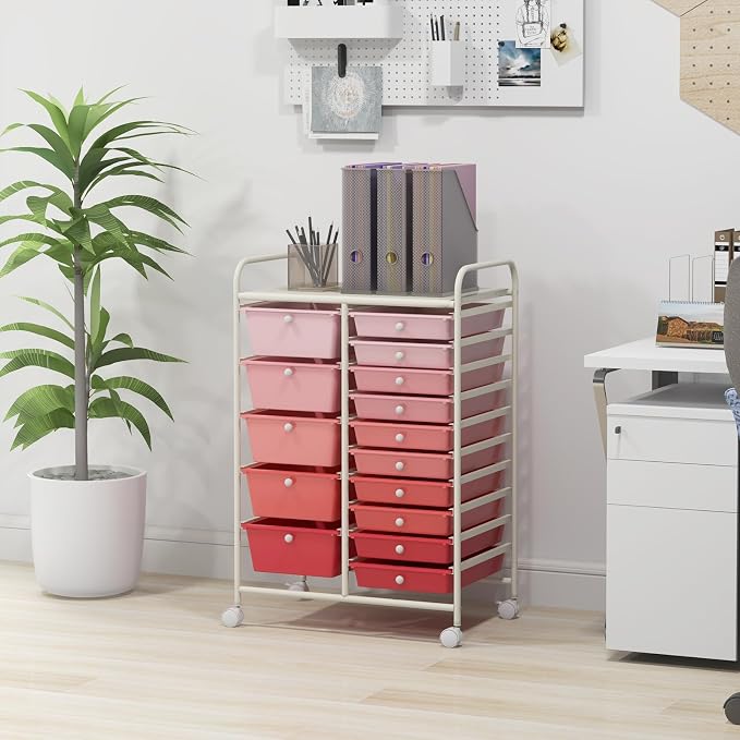 Moccha 15-Drawer Rolling Storage Cart - Under Desk Storage Drawers with wheels for Craft Art Supply Paper Salon, Scrapbook Paper Tools, Mobile Utility Cart for Classroom (15 Drawers, Gradient Pink)