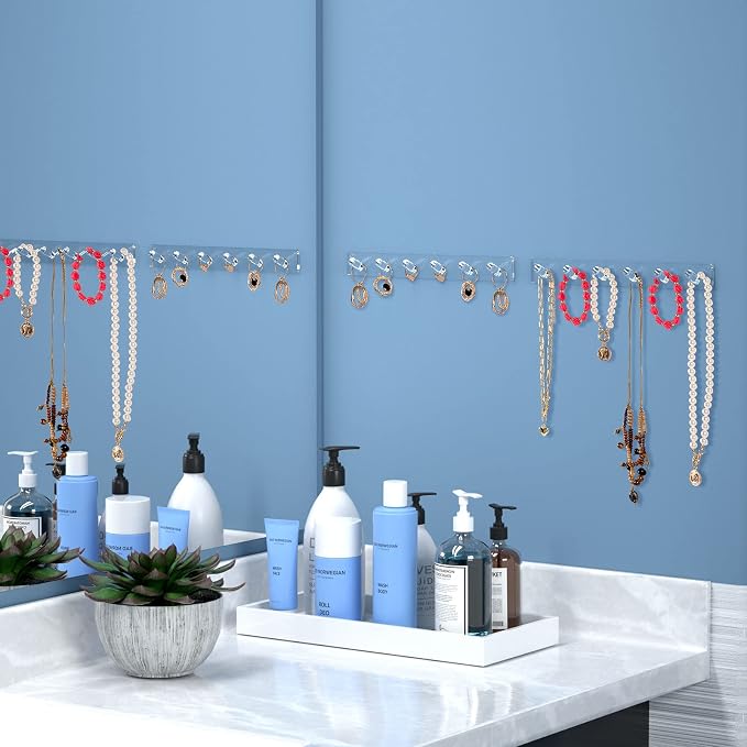 AITEE Acrylic Necklace Holder Organizer Wall Mounted with 6 Hooks, 4 PACK | 11.3x1.38, prevents tangles, hangs necklace, jewelry, bangles, bracelets, rings, for home, best gifts for girls and women