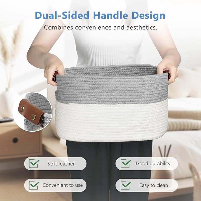 ECDYQXVU 15x10x9 Woven Cotton Rope Storage Basket, Leather Handles 3 Pack | Foldable Design, Sturdy PU Handles, Easy to Clean Organizer for Living Room, Closet, Shelves, Bedroom, Laundry, Clothes