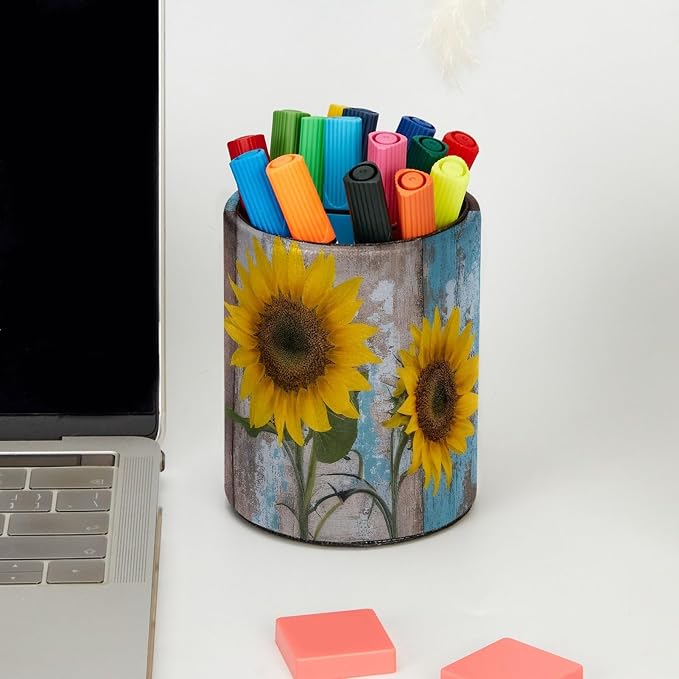 Faux Leather Pen Holder for Desk, Pencil Organizer Farmhouse Sunflowers Pen Cup Desk Decor Makeup Brush Holder Storage for Office Home