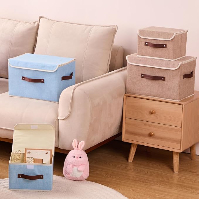 Storage Boxes with Lid Cotton Linen Fabric Storage Bins Organizer Container Decorative Collapsible Washable Shelf Baskets Faux Leather Handles for Home Bedroom Closet (Linen, Small)