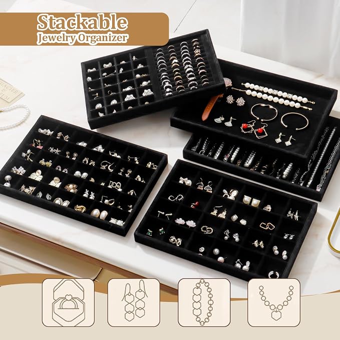 Large Jewelry Organizer for Drawer Insert Velvet Stackable Jewelry Trays for Earring Necklace Bracelet Ring Display (Black, 16 Grids)