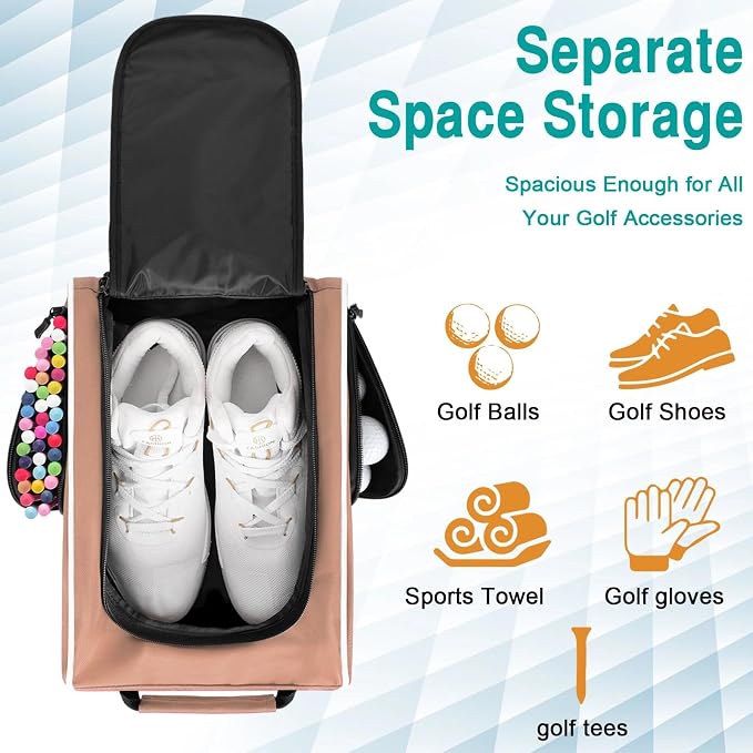 Wolt |Golf Shoe Bag for Travel- Zippered Shoes Carrier Bags with Ventilation & Double Outside Accessory Pocket for Socks, Tees, Golf Balls, Etc. for Women and Men (LightPink)