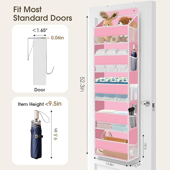 SpaceHacks 5-Tier Over The Door Organizer Hanging Storage Organizers with Clear Window 40lb Large Capacity Room Organizer for Pantry Bathroom Nursery Closet(Pink)