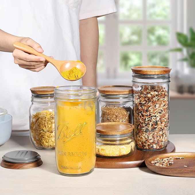 6 Regular Mouth and 6 Wide Mouth Wooden Mason Jar Lids for Ball/Mason Jars, Reusable Acacia Wood Mason Jar Lids with Airtight Silicone Seal Perfect for Dry Food Storage (6PCS-Regular + 6PCS-Wide)