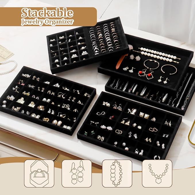 Large Jewelry Organizer for Drawer Insert Velvet Stackable Jewelry Trays for Earring Necklace Bracelet Ring Display (Black, 35 Grids)