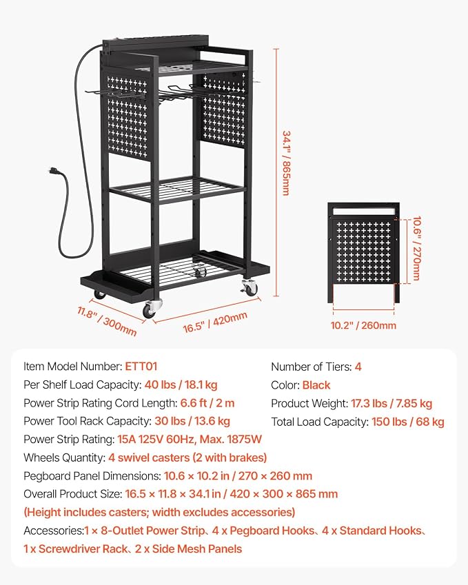 VEVOR 4-Tier Tool Organizer Cart with Charging Station, 8 AC Outlet, Floor Stand Rolling Drill Holder and Tool Battery Storage Rack on Wheels, Garage Floor Rolling Storage Cart for Workshop, Garage