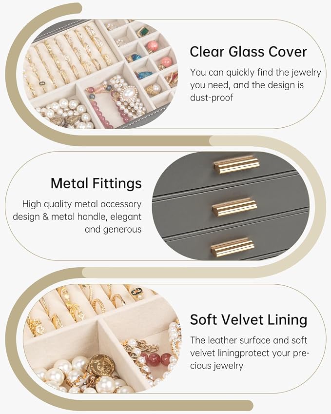 AKOZLIN Jewelry Box with Clear Lid Functional Leather Jewelry Storage Organizer Case 4 Drawers for Women Girls Necklace Ring Bracelet Earring DarkGrey
