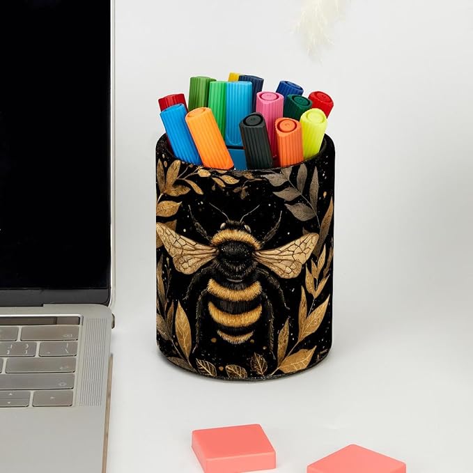 Faux Leather Pen Holder for Desk, Pencil Organizer Golden Bee Pen Cup Desk Decor Makeup Brush Holder Storage for Office Home