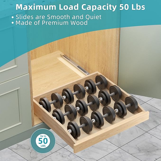 Pull Out Cabinet Drawer 22½” W x 21” D, Soft Close Pull Out Cabinet Organizer, Pull Out Shelves Requires At Least 23½” Cabinet Opening, Bottom Assembly