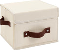 Storage Bins Box with Lids Front Opening Window Decorative Cotton Linen Fabric Basket PU Leather Handles Washable PP Plastic Board Foldable Shelf Closet Organizer Container (Beige, Small)