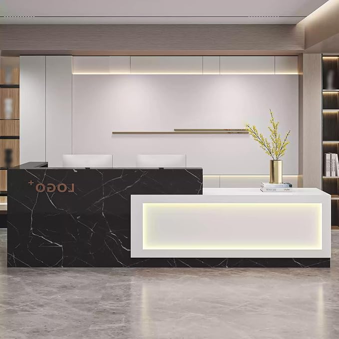 Modern Reception Desk with Counter, Front Desk Reception Counter with Lockable Drawer, Keyboard Tray & Storage Cabinet, Solid Wood Receptionist Table for Salon Office Lobby (B - Right, L 2m/78in)