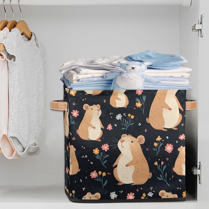TropicalLife Flower Floral Capybara Storage Cube, 13 Inch Fabric Cube Storage Organizer Bin for Shelves Clothes, Decorative Foldable Storage Boxes