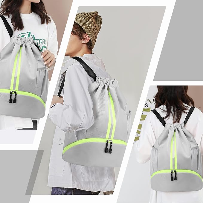 Hoedia Sports Drawstring Backpack - String Swim Gym Bag with Shoes Compartment and Wet Proof Pocket for Women&Men