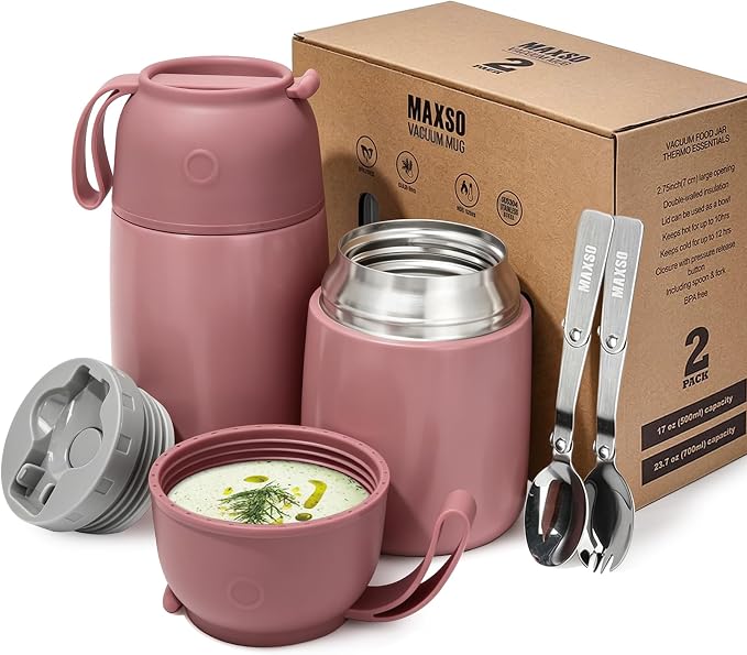 MAXSO 2 Pack Soup Thermo for Hot & Cold Food for Kids Adults, Vacuum Insulated Food Jar Thermal Lunch Containers, Travel Food Flask with Spoon (24 oz,17 oz) (Dusty Rose)