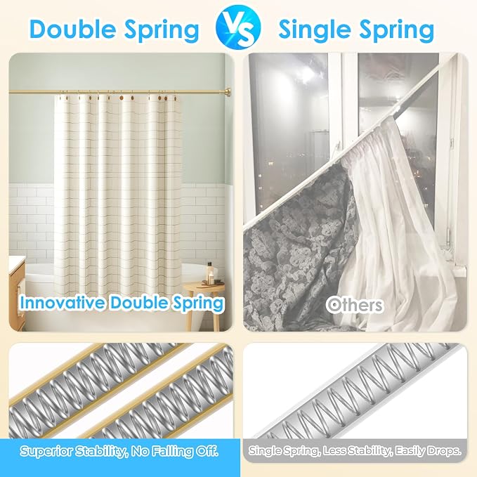 AIZESI Gold Shower Curtain Rod, Adjustable 42-74 Inch Shower Rod, 1" Diameter Tension Shower Curtain Rod No Drilling, Anti-Slip, Anti-Rust