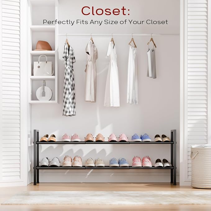 Bumusty 2-Tier Long Expandable Shoe Rack for Closet, 18"-44" Adjustable Shoe Rack for Entryway, 10-12 Pairs Large Shoe Organizer Shelf Storage, Sturdy Metal, Black